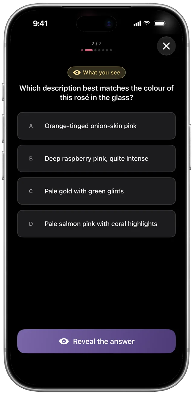 Quiz question about the colour of a rosé, four possible answers