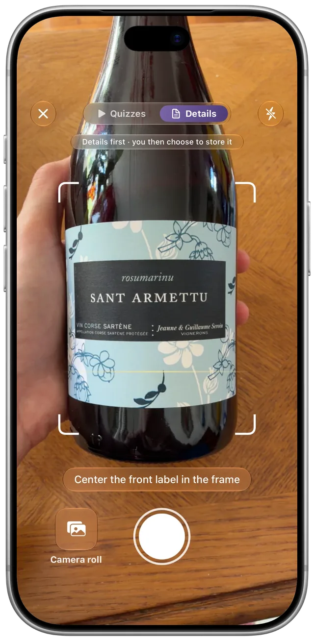 Scan screen: a bottle of Corsican wine framed by the camera, with a choice between quizzes and details
