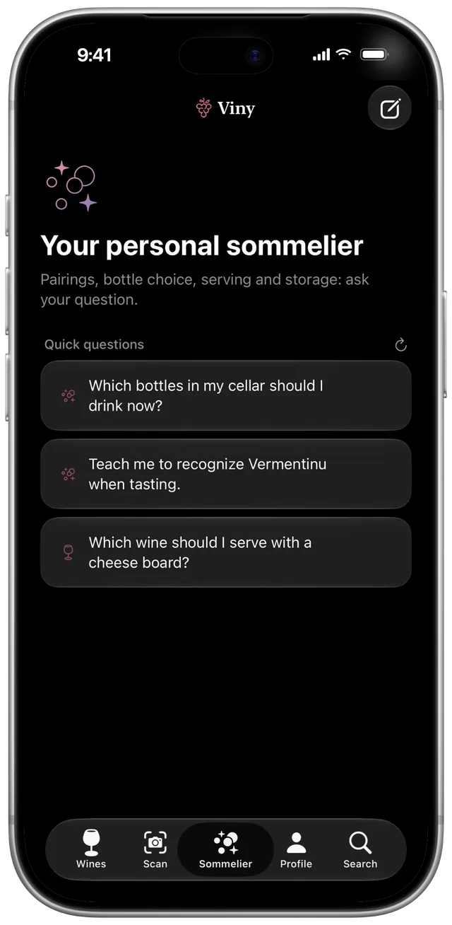 Sommelier screen with three quick questions