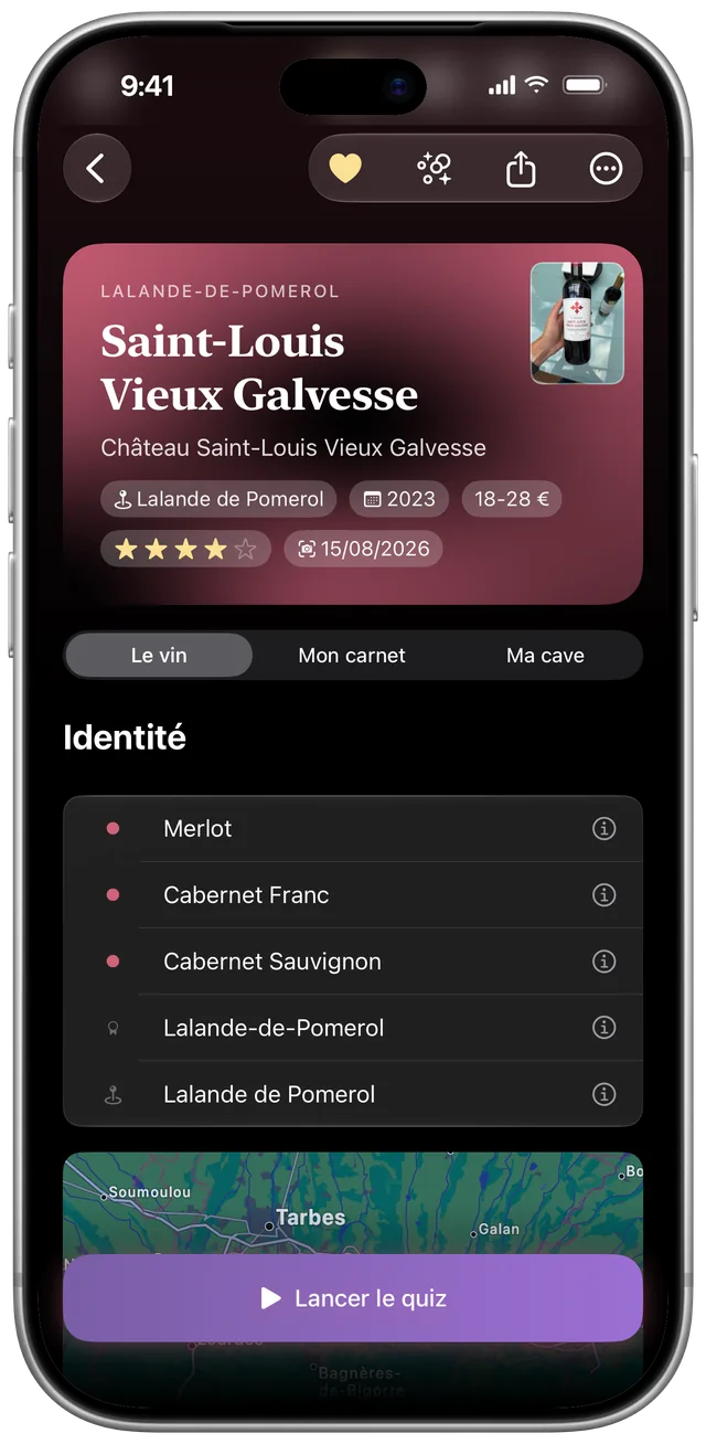 Fiche d'un Lalande-de-Pomerol : cépages, millésime, prix et note