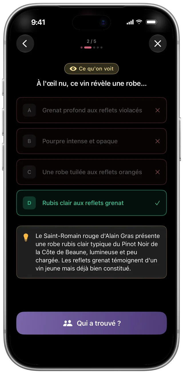 Question de quiz sur la couleur du vin, quatre réponses au choix