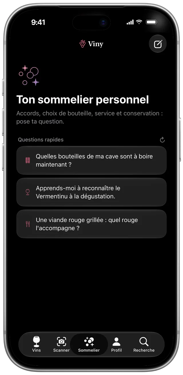 Écran du sommelier avec trois questions rapides